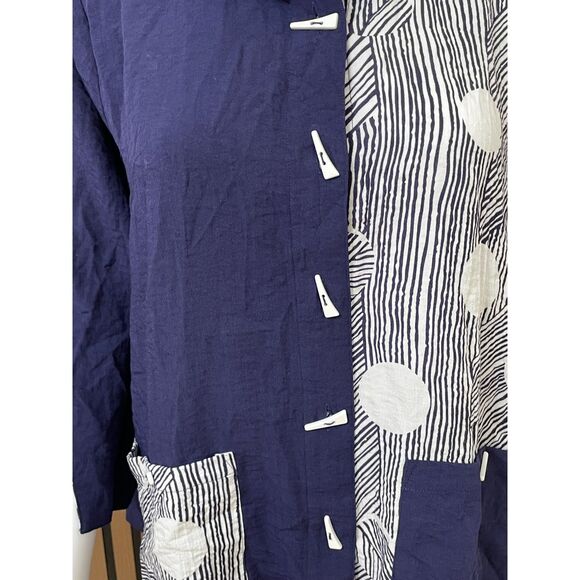Ali Miles Women's PL Blue Button-Up Rayon Tunic Shirt Crinkled Abstract Artsy - Picture 3 of 10